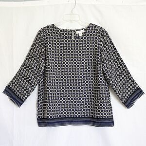 Kenar Size M Blouse Blue, Black White Medallion Print 3/4 Sleeve Flowy Business